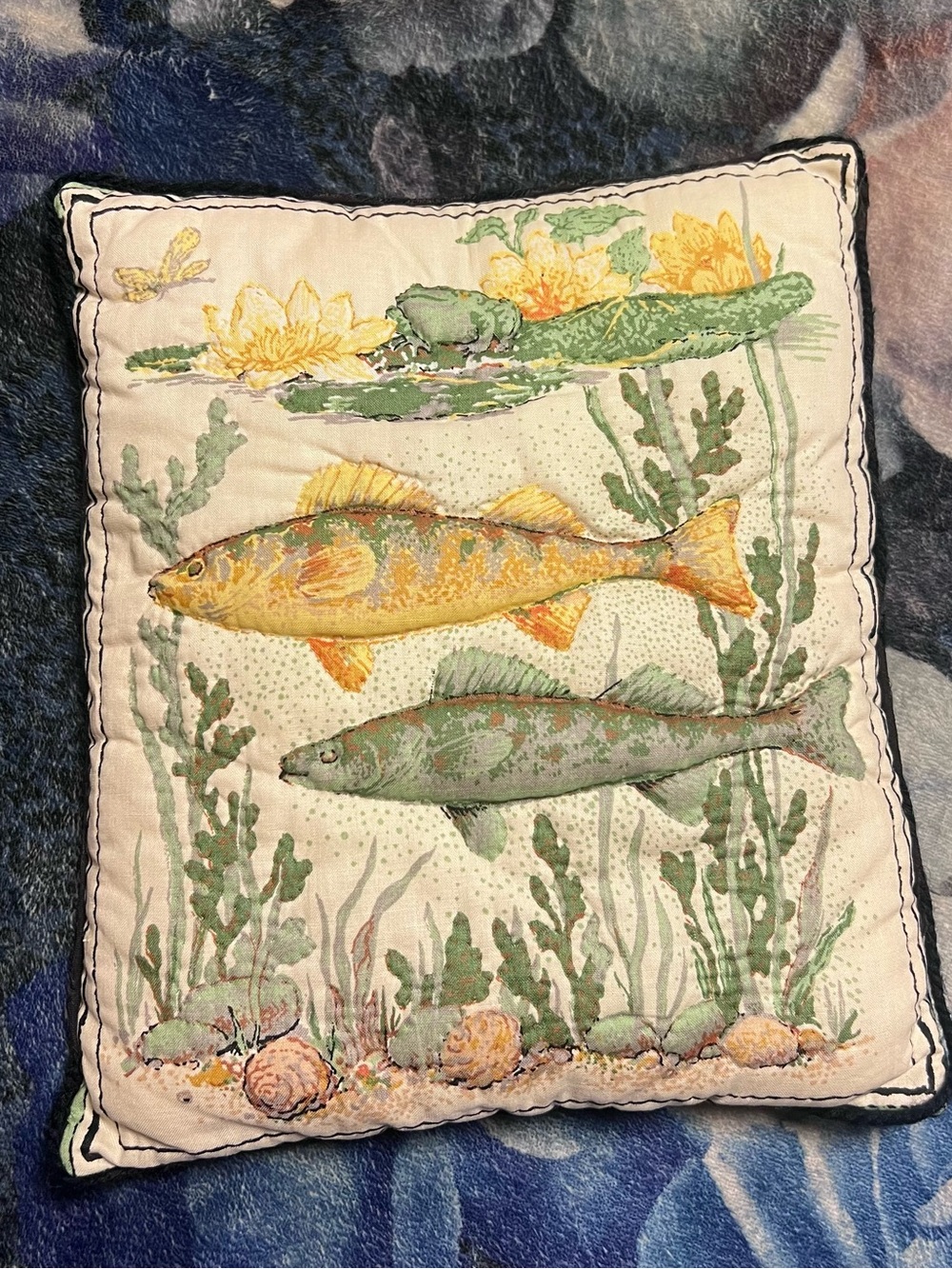 Vintage hands made unique Embroidered Fish Decorative Pillow - Yellow & Green